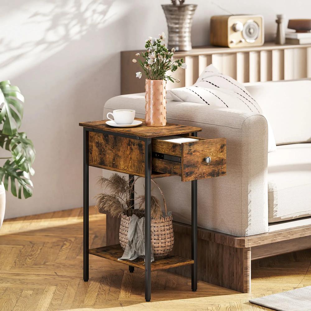 HOMCOM Narrow Side Table with Drawer and Storage Shelf - Rustic Brown Additional View 2