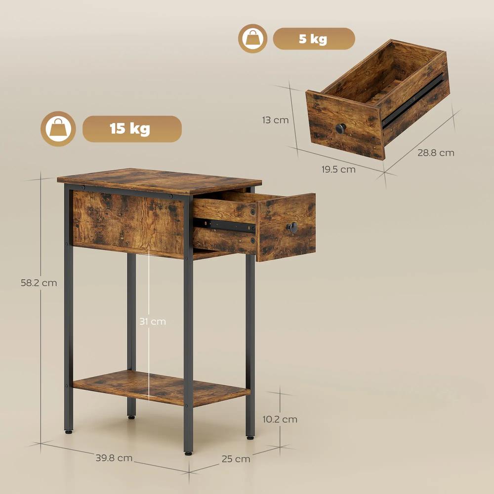 HOMCOM Narrow Side Table with Drawer and Storage Shelf - Rustic Brown Additional View 3