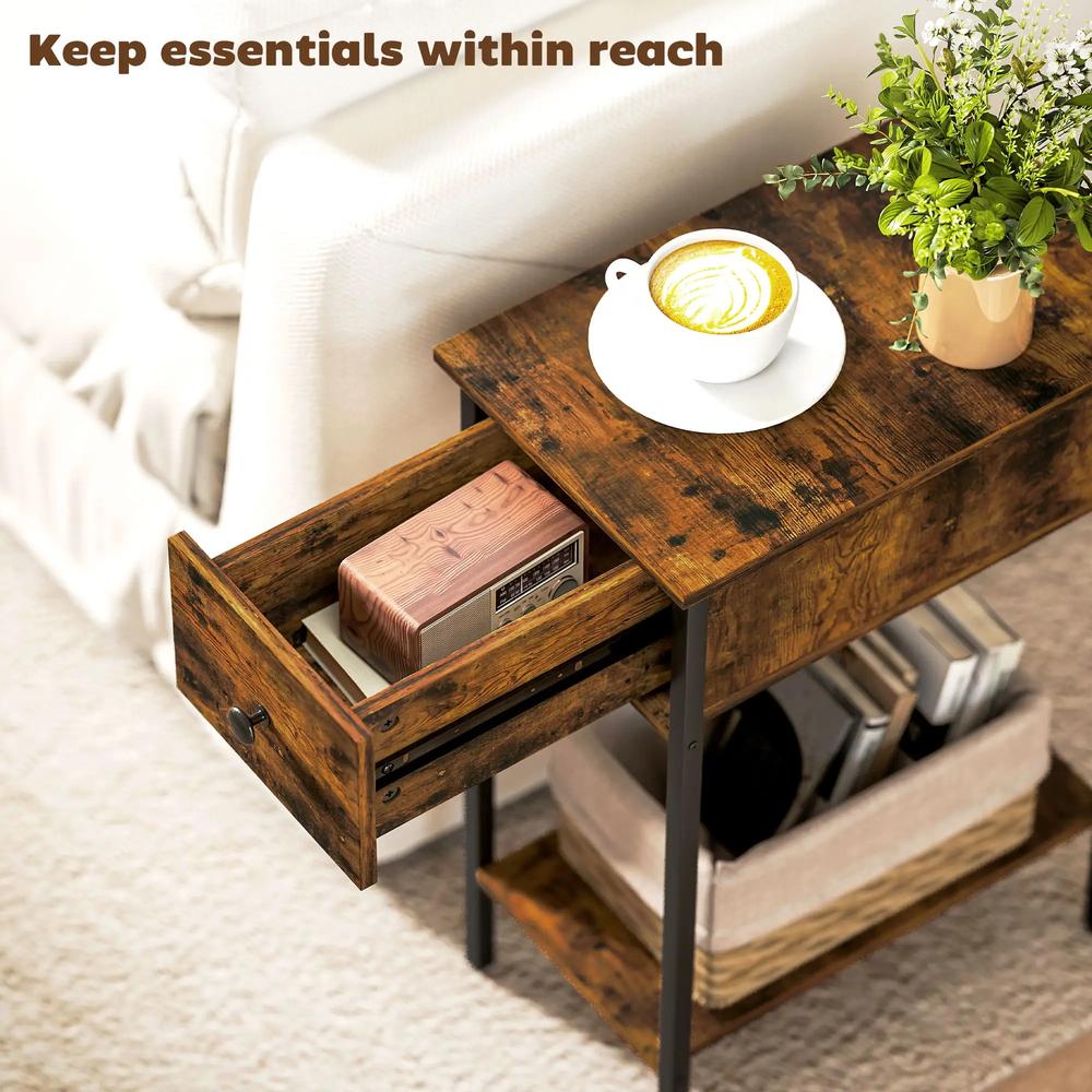 HOMCOM Narrow Side Table with Drawer and Storage Shelf - Rustic Brown Additional View 4