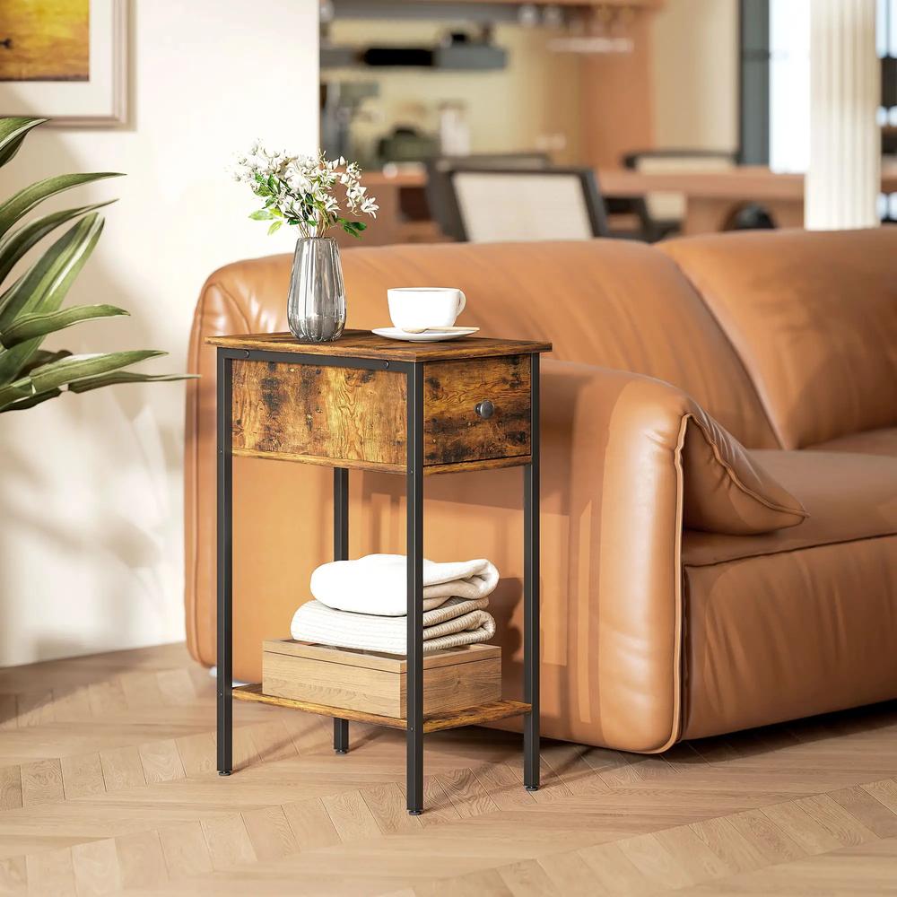 HOMCOM Narrow Side Table with Drawer and Storage Shelf - Rustic Brown Additional View 8