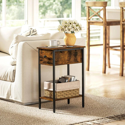 HOMCOM Narrow Side Table with Drawer and Storage Shelf - Rustic Brown Additional View 10
