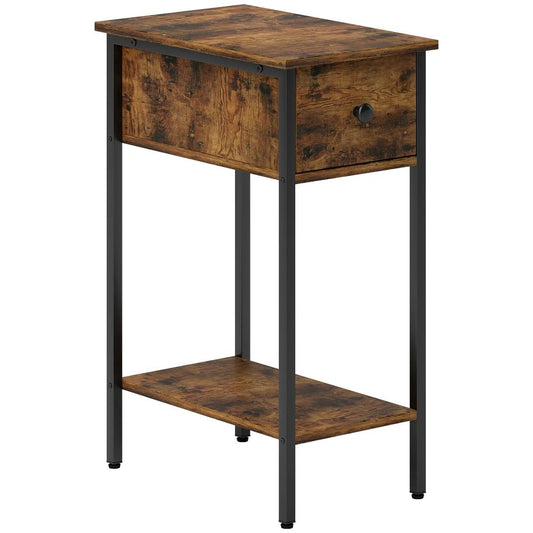 HOMCOM Narrow Side Table with Drawer and Storage Shelf - Rustic Brown