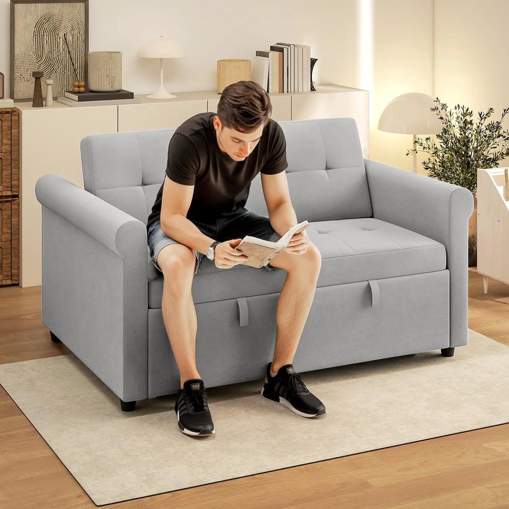 HOMCOM Two-Seater Velvet-Feel Sofa Bed - Grey Additional View 2
