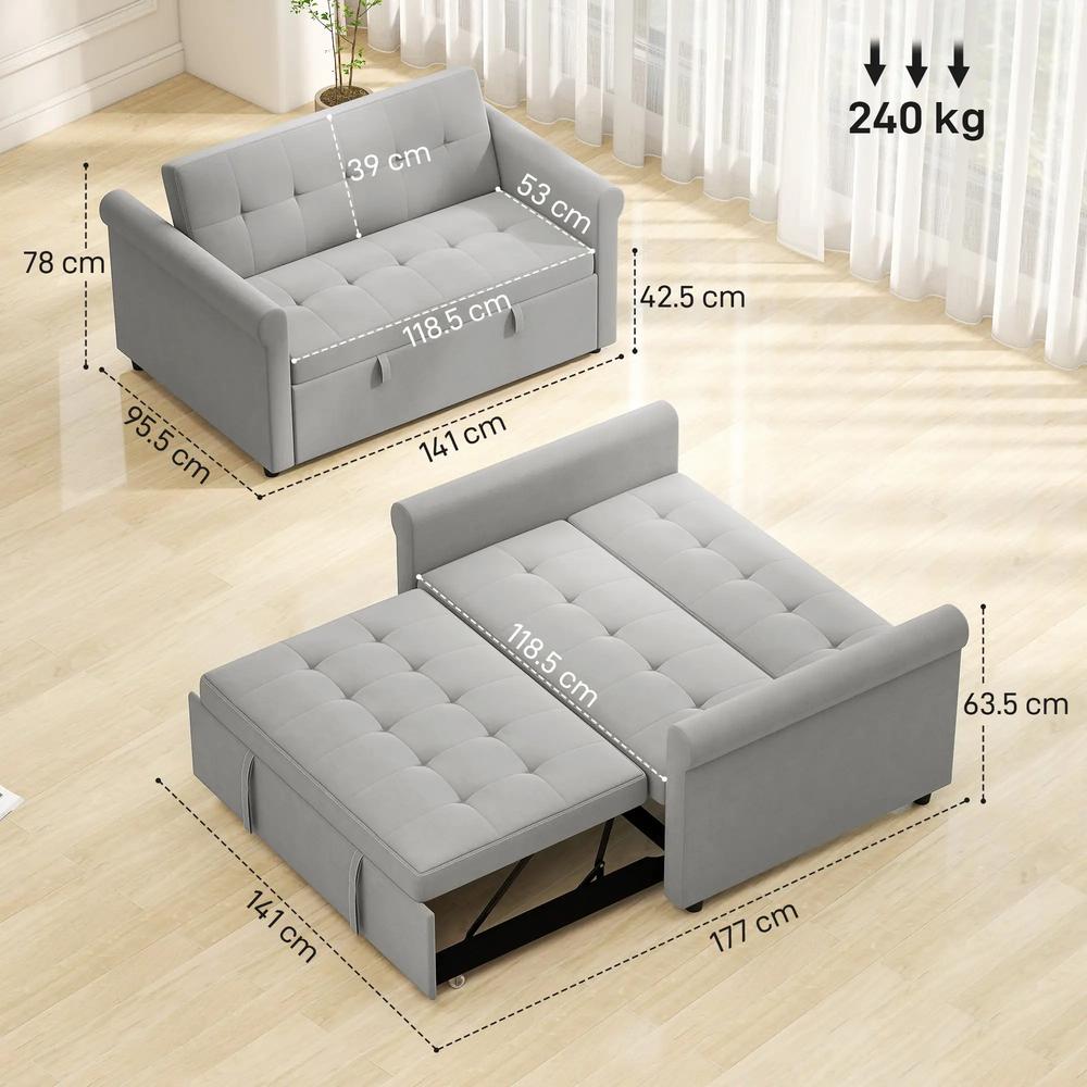 HOMCOM Two-Seater Velvet-Feel Sofa Bed - Grey Additional View 3