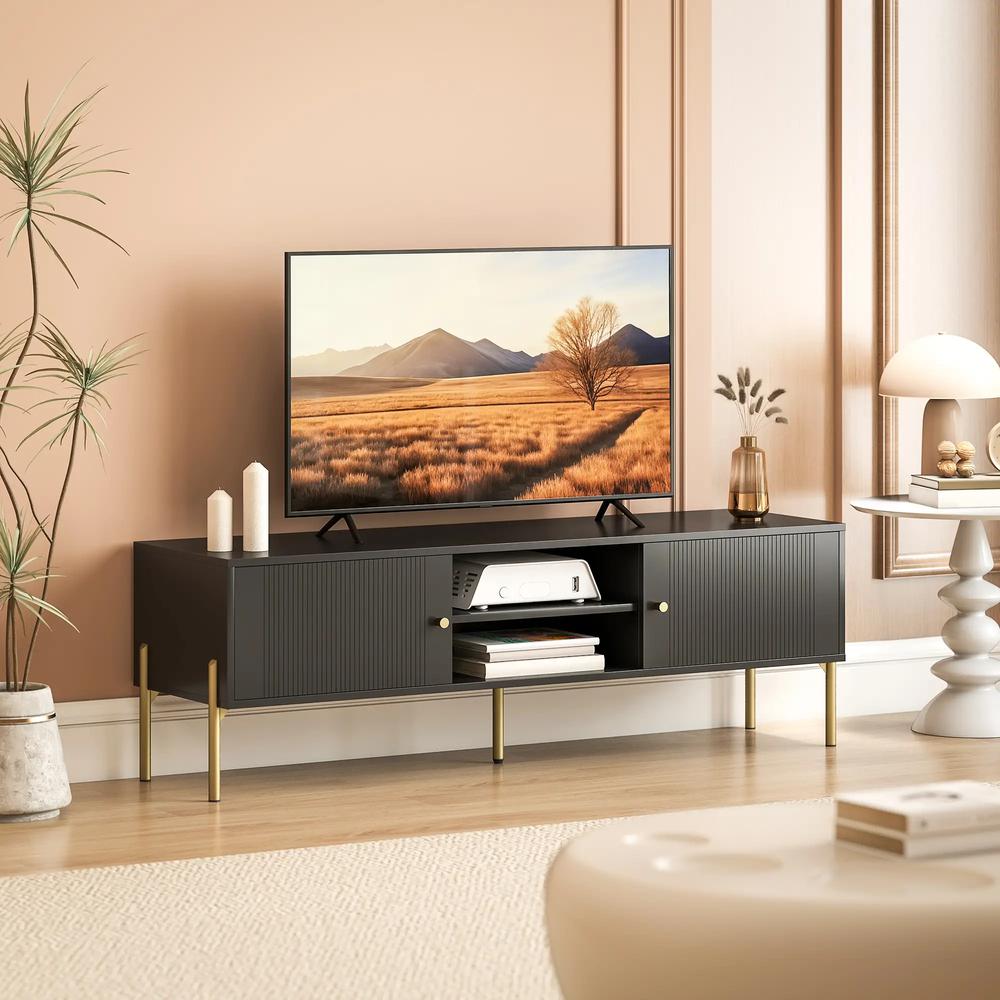 HOMCOM TV Stand for TVs up to 65", Entertainment Center with 2 Open Shelves, 2 Cabinets and Steel Legs for Living Room, Black Additional View 2