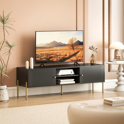 HOMCOM TV Stand for TVs up to 65", Entertainment Center with 2 Open Shelves, 2 Cabinets and Steel Legs for Living Room, Black Additional View 2