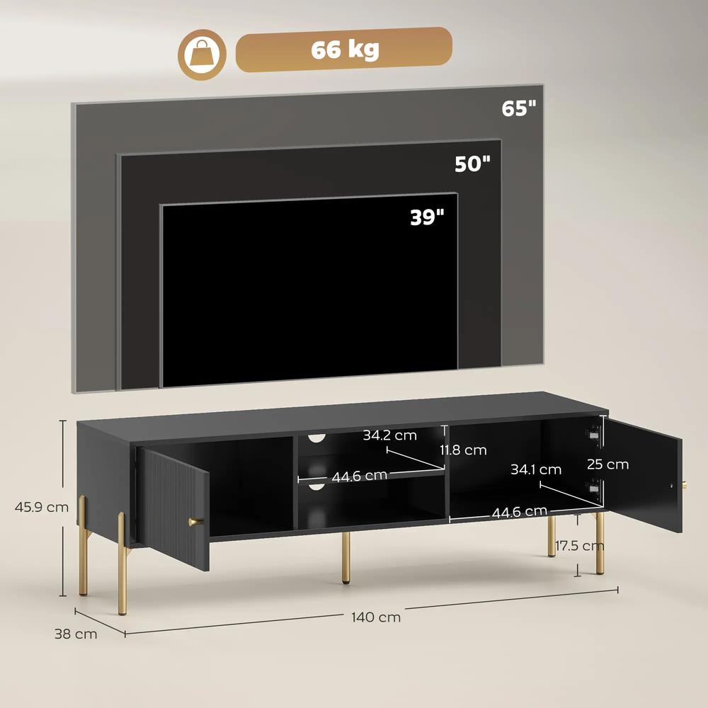 HOMCOM TV Stand for TVs up to 65", Entertainment Center with 2 Open Shelves, 2 Cabinets and Steel Legs for Living Room, Black Additional View 3