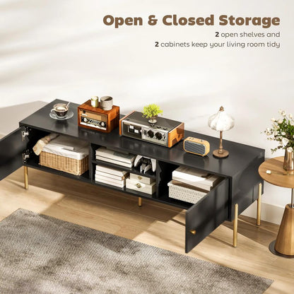 HOMCOM TV Stand for TVs up to 65", Entertainment Center with 2 Open Shelves, 2 Cabinets and Steel Legs for Living Room, Black Additional View 5