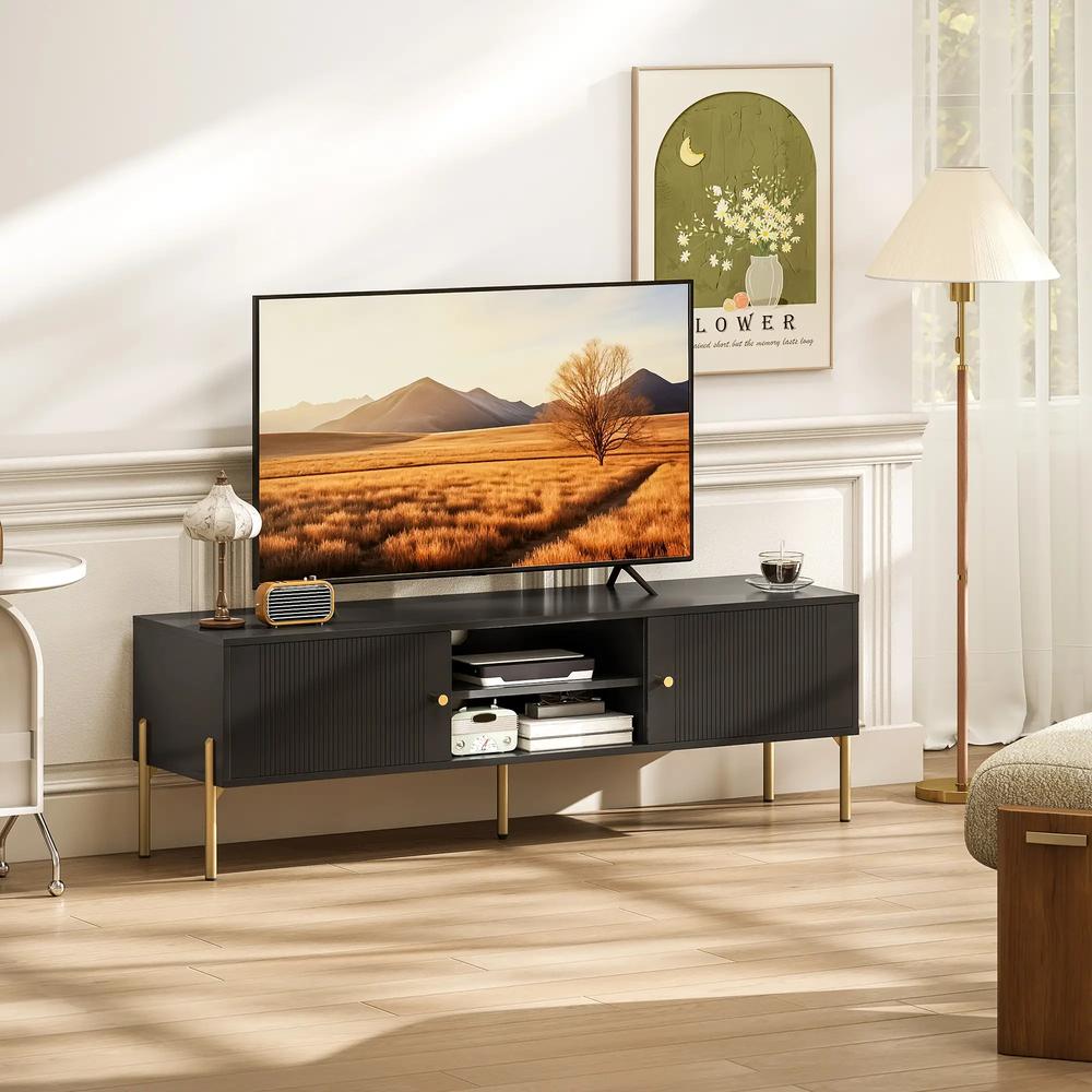 HOMCOM TV Stand for TVs up to 65", Entertainment Center with 2 Open Shelves, 2 Cabinets and Steel Legs for Living Room, Black Additional View 10