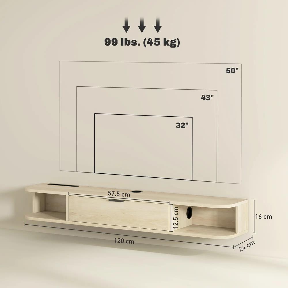 HOMCOM 120 cm Floating TV Unit for TVs up to 50 Inch - Natural Additional View 3
