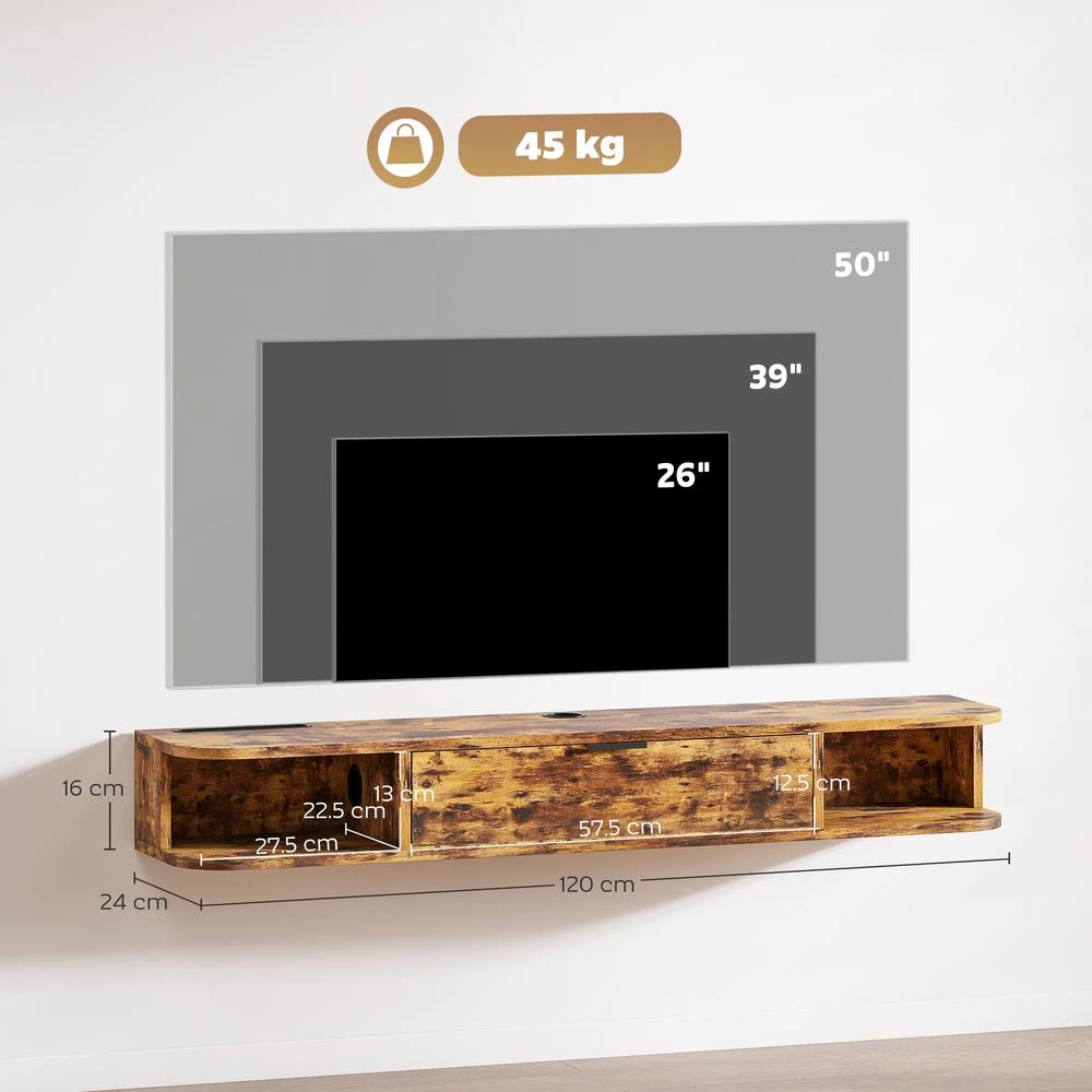 HOMCOM 120 cm Floating TV Unit for TVs up to 50 Inch - Rustic Brown Additional View 3