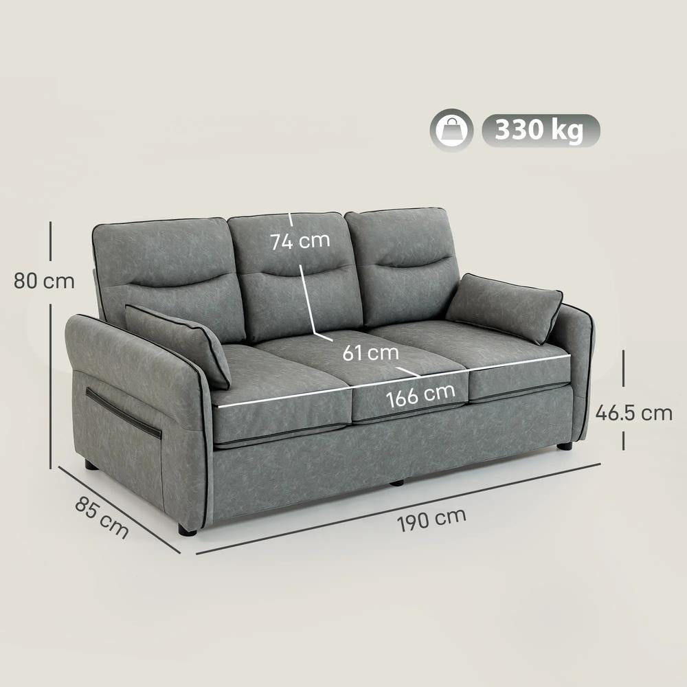 HOMCOM 3 Seater Sofa, Faux Leather Couch - Grey Additional View 4