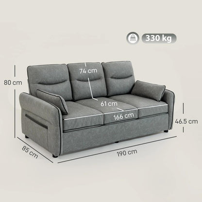 HOMCOM 3 Seater Sofa, Faux Leather Couch - Grey Additional View 4