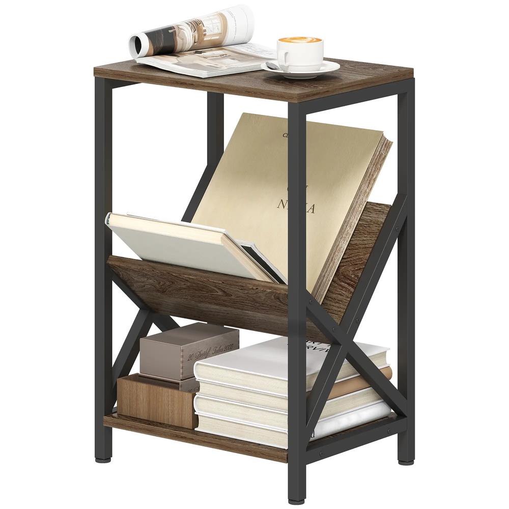 HOMCOM Narrow Side Table, End Table with 3-Tier Storage, V-Shaped Magazine Holder for Living Room, Bedroom, 40 x 30 x 61cm, Oak Additional View 11