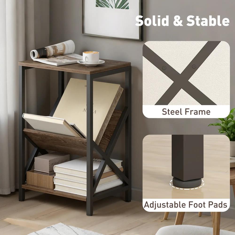 HOMCOM Narrow Side Table, End Table with 3-Tier Storage, V-Shaped Magazine Holder for Living Room, Bedroom, 40 x 30 x 61cm, Oak Additional View 7