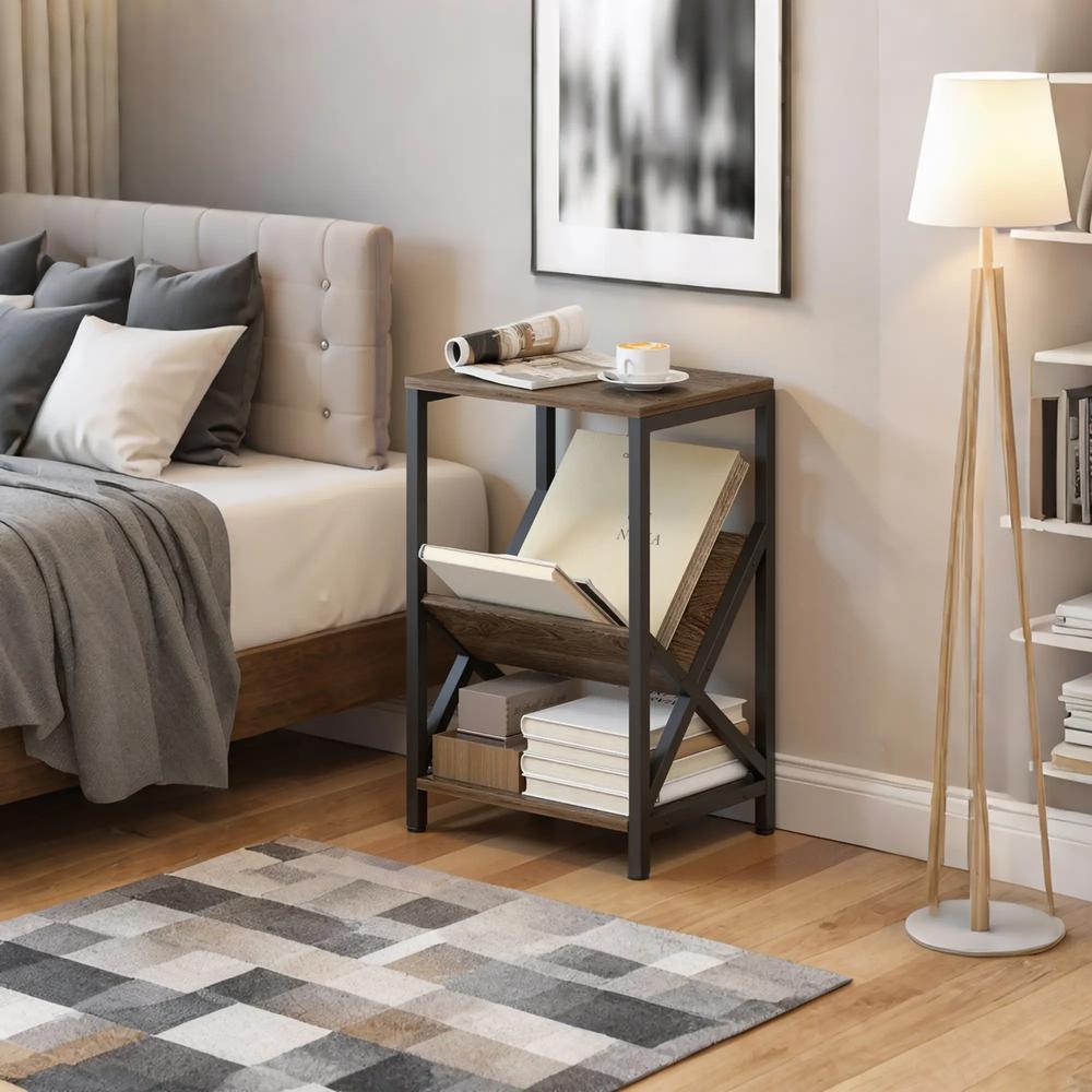HOMCOM Narrow Side Table, End Table with 3-Tier Storage, V-Shaped Magazine Holder for Living Room, Bedroom, 40 x 30 x 61cm, Oak Additional View 8