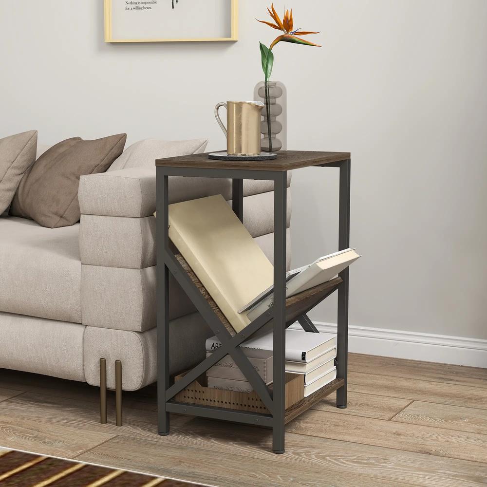 HOMCOM Narrow Side Table, End Table with 3-Tier Storage, V-Shaped Magazine Holder for Living Room, Bedroom, 40 x 30 x 61cm, Oak Additional View 10