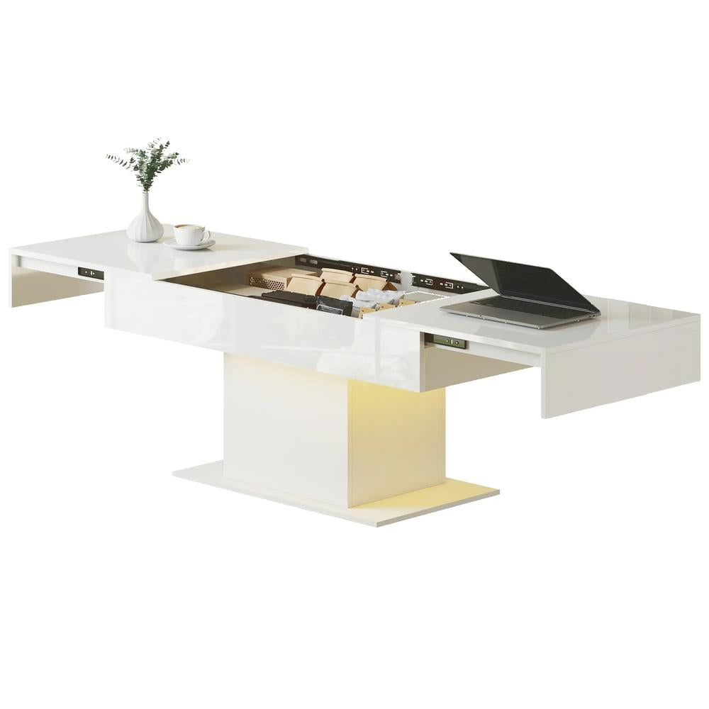 HOMCOM Extendable Coffee Table with LED Lights and Storage - High Gloss White Additional View 11