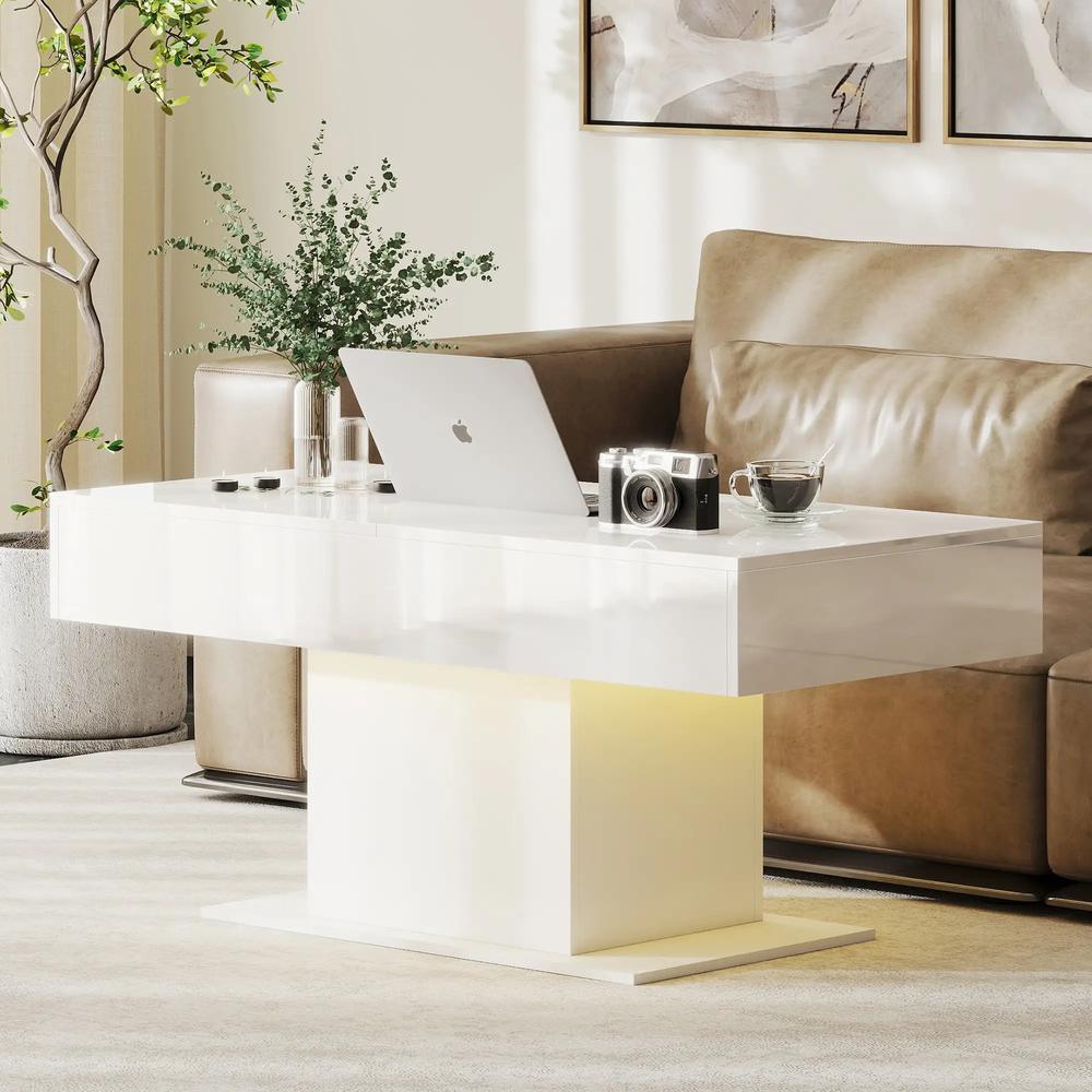 HOMCOM Extendable Coffee Table with LED Lights and Storage - High Gloss White Additional View 2