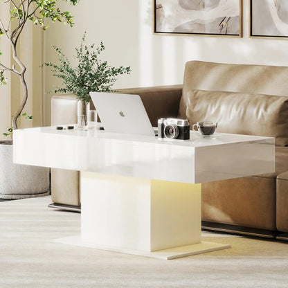 HOMCOM Extendable Coffee Table with LED Lights and Storage - High Gloss White Additional View 2
