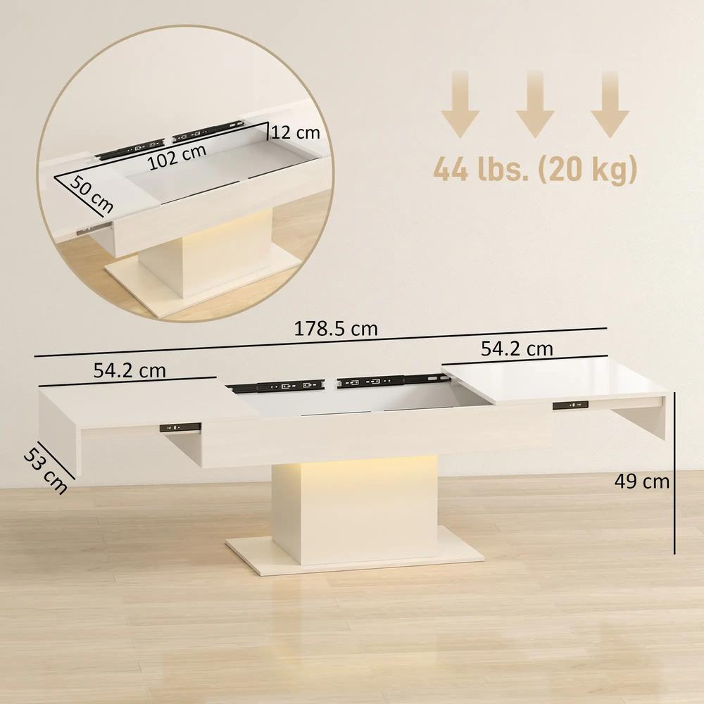 HOMCOM Extendable Coffee Table with LED Lights and Storage - High Gloss White Additional View 3