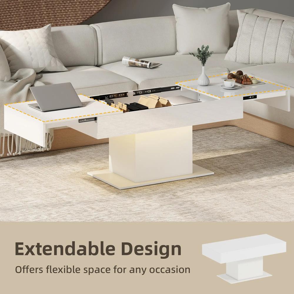 HOMCOM Extendable Coffee Table with LED Lights and Storage - High Gloss White Additional View 4