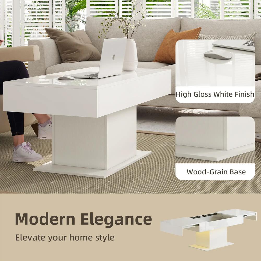 HOMCOM Extendable Coffee Table with LED Lights and Storage - High Gloss White Additional View 7