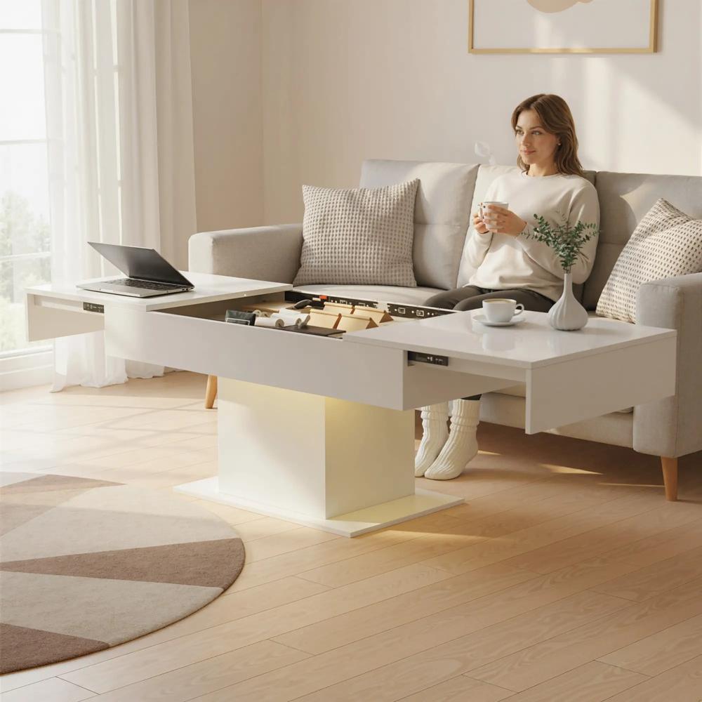 HOMCOM Extendable Coffee Table with LED Lights and Storage - High Gloss White Additional View 8