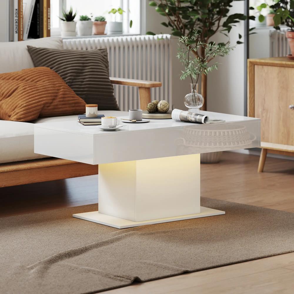 HOMCOM Extendable Coffee Table with LED Lights and Storage - High Gloss White Additional View 10