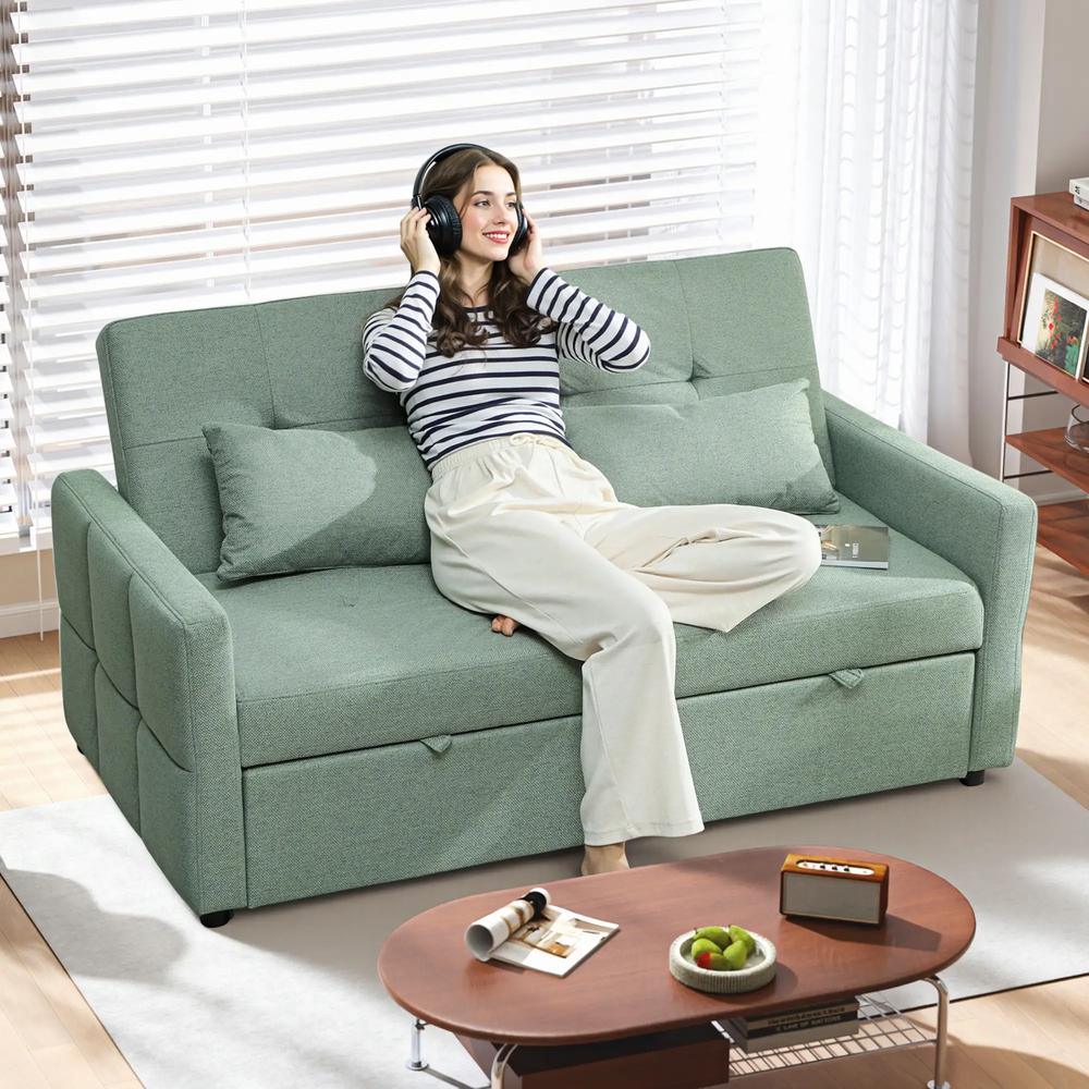 HOMCOM Three-Way 2 Seater Sofa Bed with Three-position back and Two Soft Pillows - Green Additional View 3