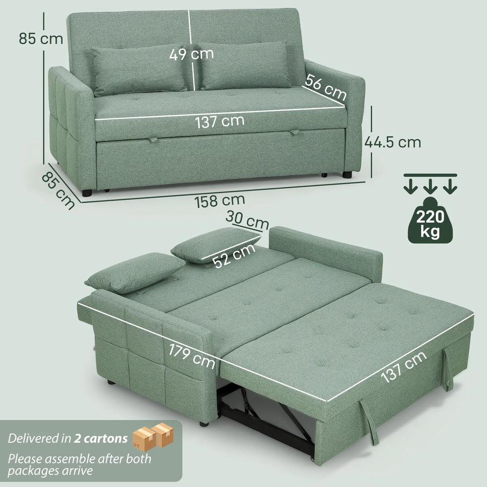 HOMCOM Three-Way 2 Seater Sofa Bed with Three-position back and Two Soft Pillows - Green Additional View 4
