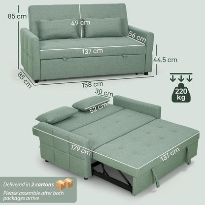HOMCOM Three-Way 2 Seater Sofa Bed with Three-position back and Two Soft Pillows - Green Additional View 4