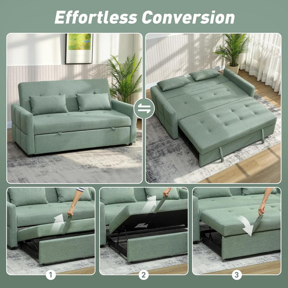 HOMCOM Three-Way 2 Seater Sofa Bed with Three-position back and Two Soft Pillows - Green Additional View 5