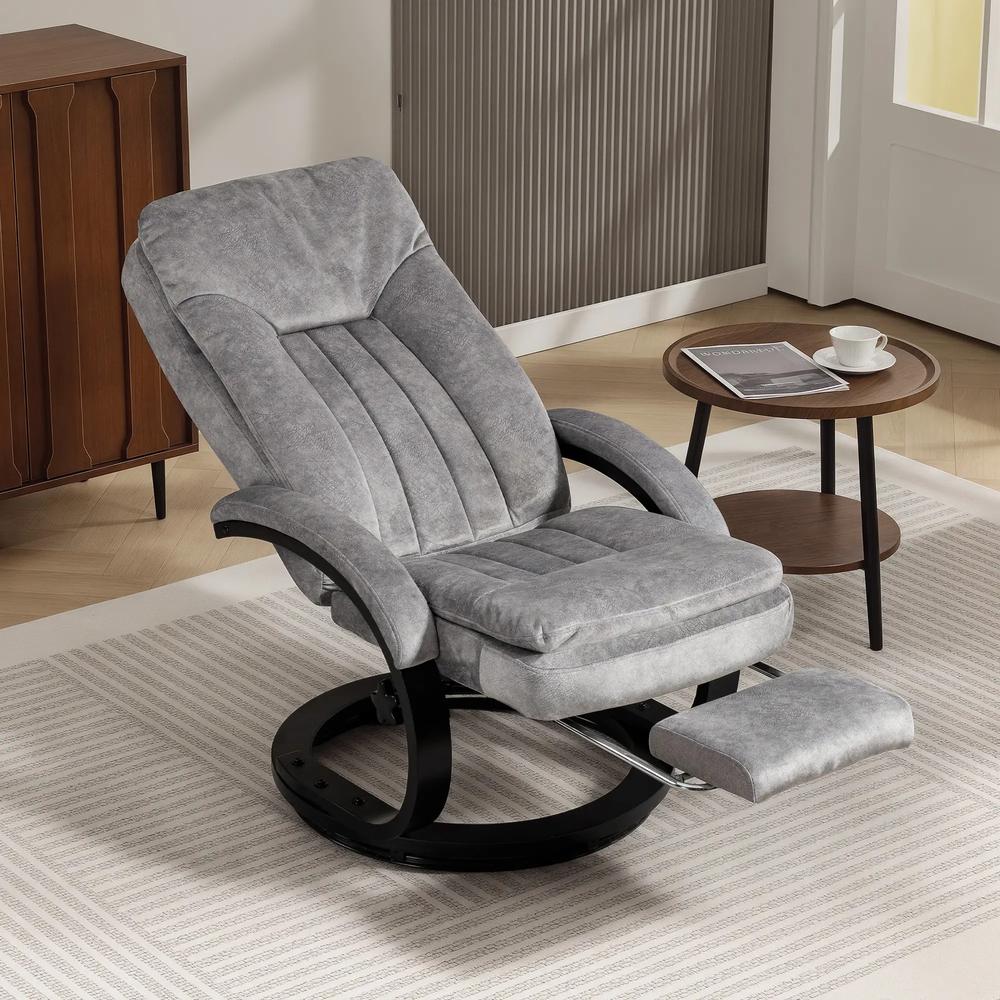 HOMCOM Swivel Recliner Chair with Footrest, Manual Recliner Armchair with Wooden Base, Plush Velvet Upholstered Reclining Chair for Living Room, Bedroom, Office, Grey Additional View 2