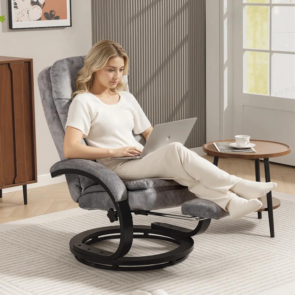 HOMCOM Swivel Recliner Chair with Footrest, Manual Recliner Armchair with Wooden Base, Plush Velvet Upholstered Reclining Chair for Living Room, Bedroom, Office, Grey Additional View 7