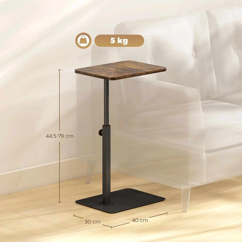 HOMCOM C Shaped Side Table, Small End Table with Adjustable Height and Metal Base for Living Room, Bedroom, Rustic Brown Additional View 3