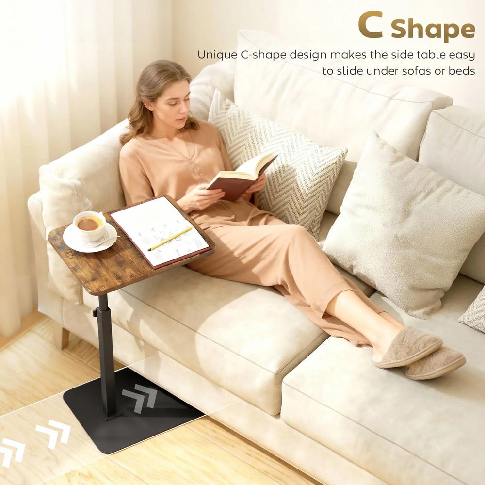 HOMCOM C Shaped Side Table, Small End Table with Adjustable Height and Metal Base for Living Room, Bedroom, Rustic Brown Additional View 4