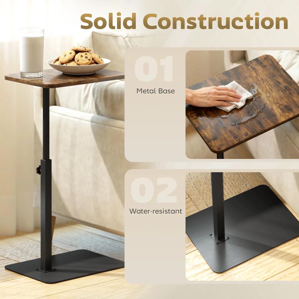 HOMCOM C Shaped Side Table, Small End Table with Adjustable Height and Metal Base for Living Room, Bedroom, Rustic Brown Additional View 6