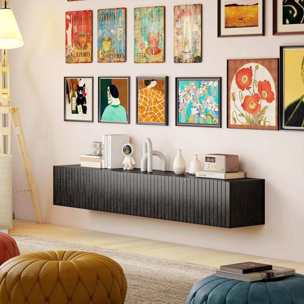 HOMCOM 140cm Floating TV Stand, Wall Mount TV Unit with Cable Management Hole, Fits up to 72" TV, Black Additional View 8