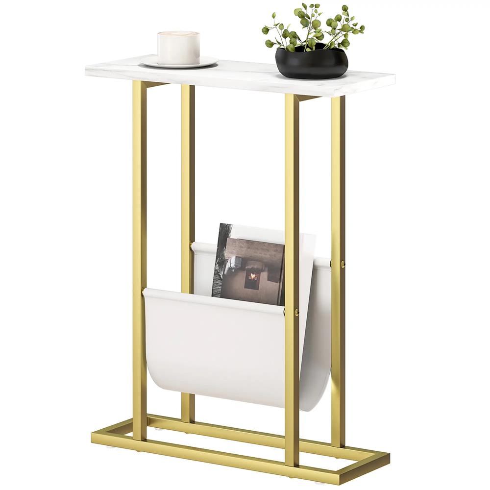 HOMCOM Narrow Side Table, End Table with Magazine Holder, Nightstand for Small Spaces, Living Room, Bedroom, White Marble Grain Additional View 11