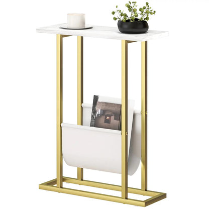 HOMCOM Narrow Side Table, End Table with Magazine Holder, Nightstand for Small Spaces, Living Room, Bedroom, White Marble Grain Additional View 11