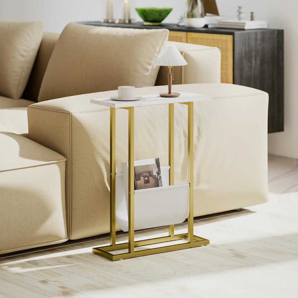 HOMCOM Narrow Side Table, End Table with Magazine Holder, Nightstand for Small Spaces, Living Room, Bedroom, White Marble Grain Additional View 2