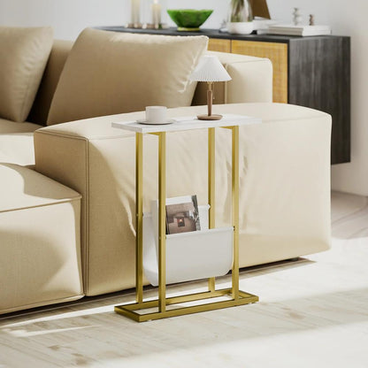 HOMCOM Narrow Side Table, End Table with Magazine Holder, Nightstand for Small Spaces, Living Room, Bedroom, White Marble Grain Additional View 2