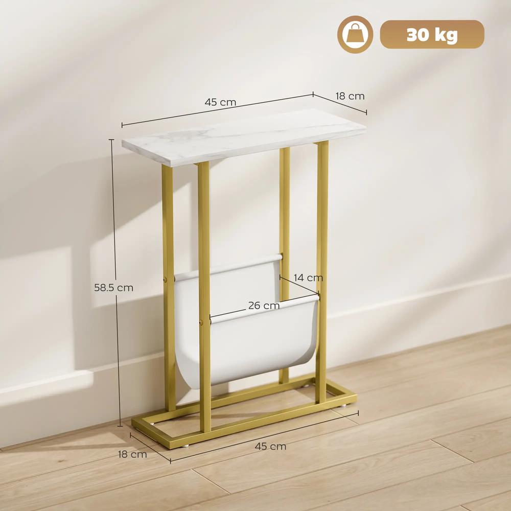 HOMCOM Narrow Side Table, End Table with Magazine Holder, Nightstand for Small Spaces, Living Room, Bedroom, White Marble Grain Additional View 3