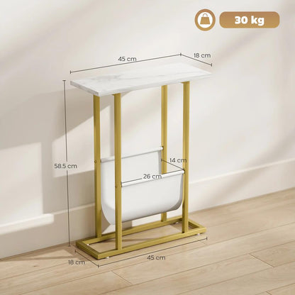 HOMCOM Narrow Side Table, End Table with Magazine Holder, Nightstand for Small Spaces, Living Room, Bedroom, White Marble Grain Additional View 3