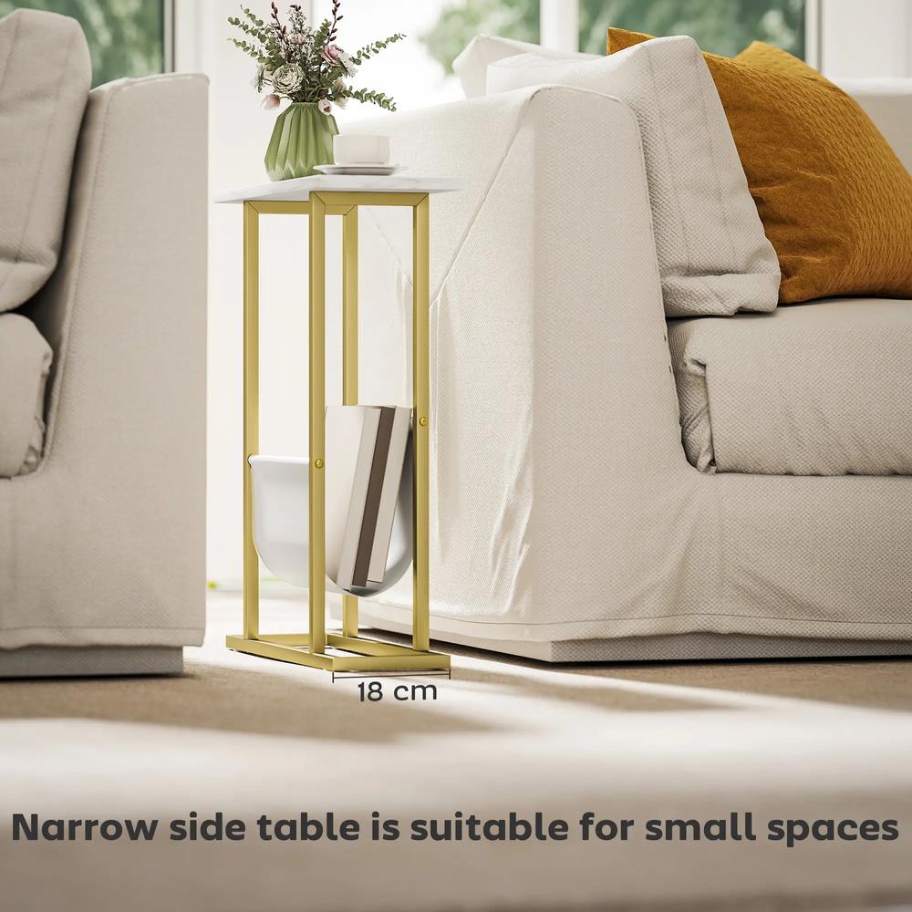 HOMCOM Narrow Side Table, End Table with Magazine Holder, Nightstand for Small Spaces, Living Room, Bedroom, White Marble Grain Additional View 4