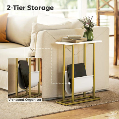 HOMCOM Narrow Side Table, End Table with Magazine Holder, Nightstand for Small Spaces, Living Room, Bedroom, White Marble Grain Additional View 5