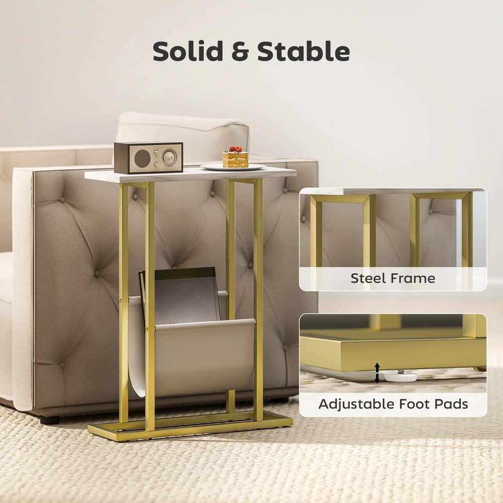 HOMCOM Narrow Side Table, End Table with Magazine Holder, Nightstand for Small Spaces, Living Room, Bedroom, White Marble Grain Additional View 6