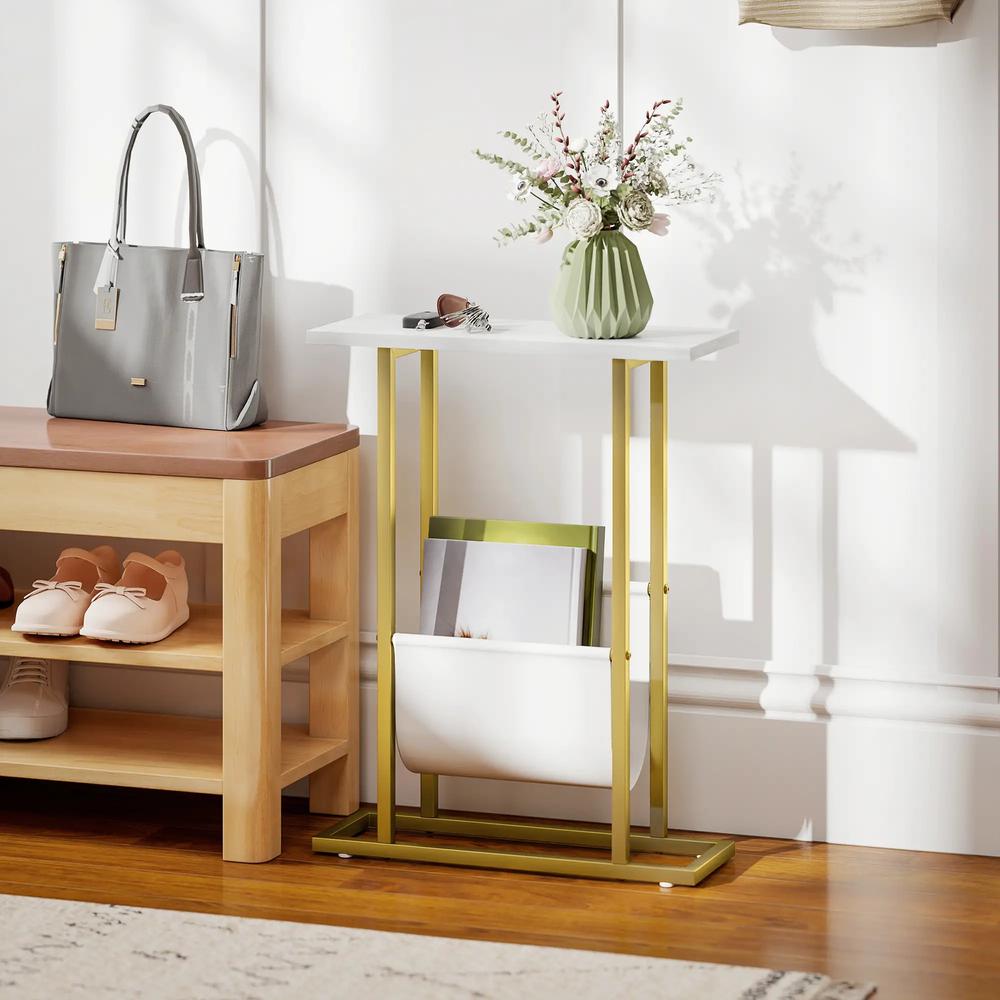 HOMCOM Narrow Side Table, End Table with Magazine Holder, Nightstand for Small Spaces, Living Room, Bedroom, White Marble Grain Additional View 8