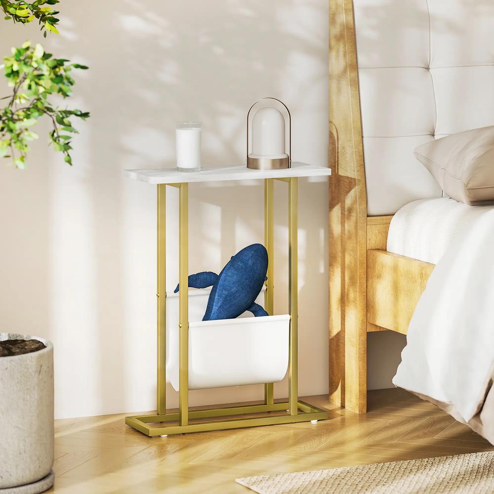 HOMCOM Narrow Side Table, End Table with Magazine Holder, Nightstand for Small Spaces, Living Room, Bedroom, White Marble Grain Additional View 10